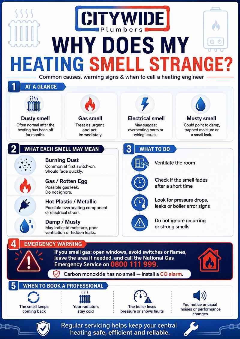 Why Does My Heating Smell Strange infographic by Citywide Plumbers